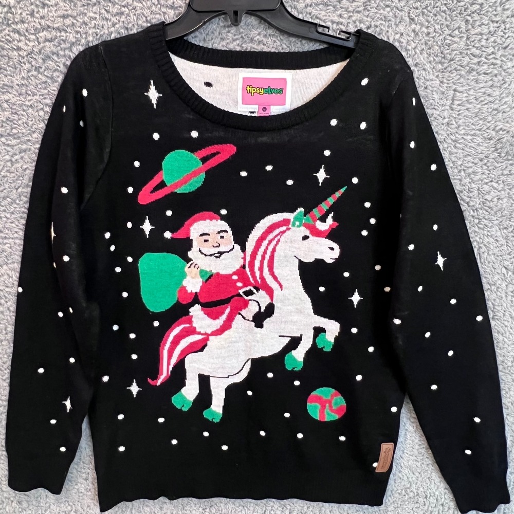 Tipsy Elves Santa Unicorn Ugly Christmas Sweater Women's M Black Space